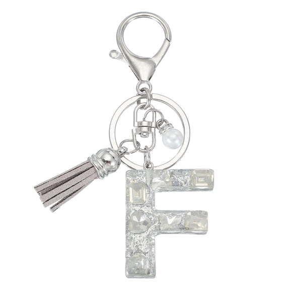 Uxcell Initial Letter Keychain with Tassel and Pearl, Bling Alphabet Letter F Keyring Rhinestone Keychains with Key Ring for Key Purse Bags Handbags Car Key Cup, Silver
