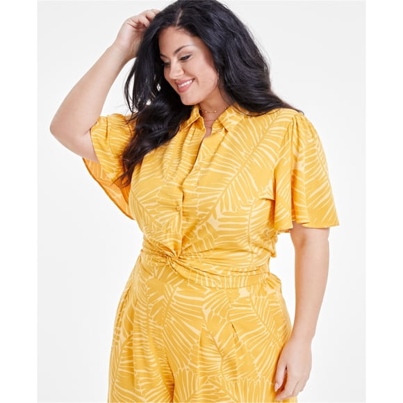 Nina Parker Womens Exploded Geo Swirl Button Up Shirt, goldenplm, Plus Size, 2X