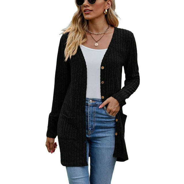 Diconna Women Fashion V-Neck Cardigan Solid Color Rib Long Sleeve Sweater Button-Down Fall Casual Soft Knit Coat