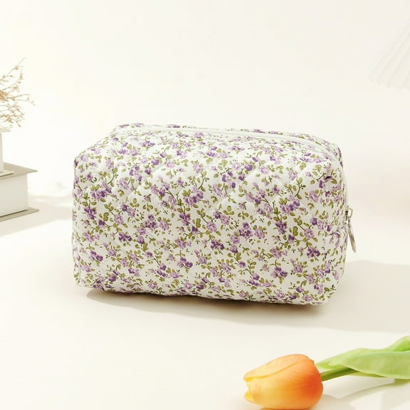 Travel Cosmetic Bag Floral Design Quilted Portable Storage Organizer for Makeup Toiletries Accessories