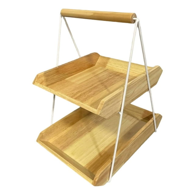 Siruishop Double-Tier Fruit Tray, Snack Carrier, Fruit Rack, Vegetable Display, Wooden Tray with Ergonomic Handle for Home, Shop, Buffet, And Decorative Purpose Light Brown L