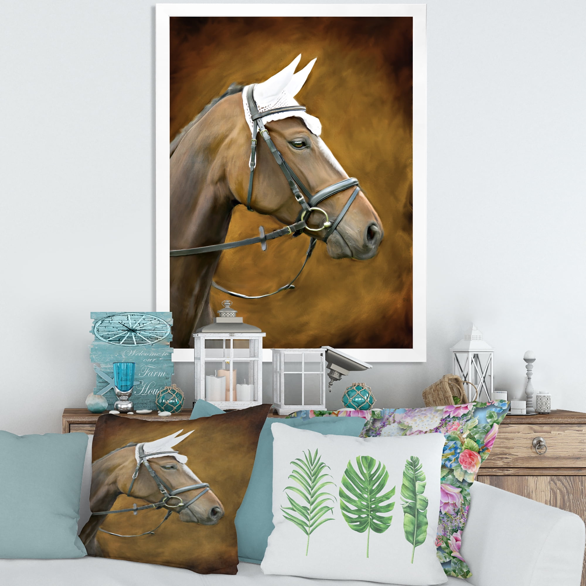 Designart 'Close Up Portrait Of Brown Horse With White Ears' Farmhouse Framed Art Print