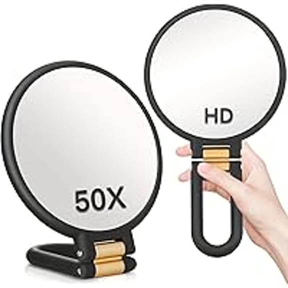 XIBUFE Modern Mirror 3-In-1 Magnifying Glass,Black and Gold,24Cm/9.45Inch,50X Magnification,Handheld/Wall Mount/Tabletop Design,Double-Sided Makeup Mirror with 360° Adjustable Handle