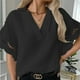 thumbnail image 3 of Camisa casual para mujer, cuello en V, color sólido, manga corta, costura de encaje, elegante top de verano para uso diario, 3 of 5