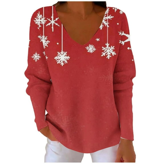 Hueook Sweatshirts for Women Ladies' Fashionable Loose Casual Christmas Printed Long Sleeved V-neck Coarse Woven Pit Stripe Hoodie Top Red M