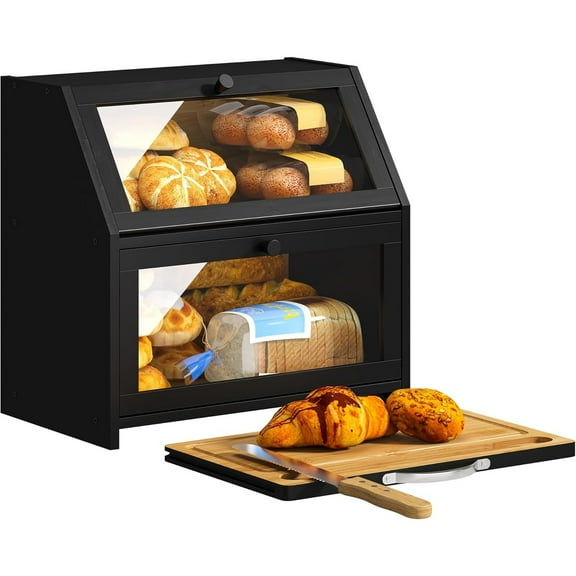 Bamboo Wood Bread Box with Cutting Board - Farmhouse Countertop Storage Organizer (Black)