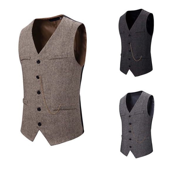 RYDCOT Men's Tweed Suit Vest Western Herringbone Wool Casual Retro Waistcoat Cowboy Style Sleeveless Jacket for Groomsman Gray