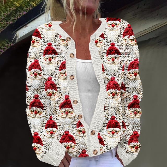 Jsaierl Cardigan de Noël pour Femmes Chaud Ouvert Confortable Tricoté Moche Tenues de Mode Manches Longues Veste Chandail