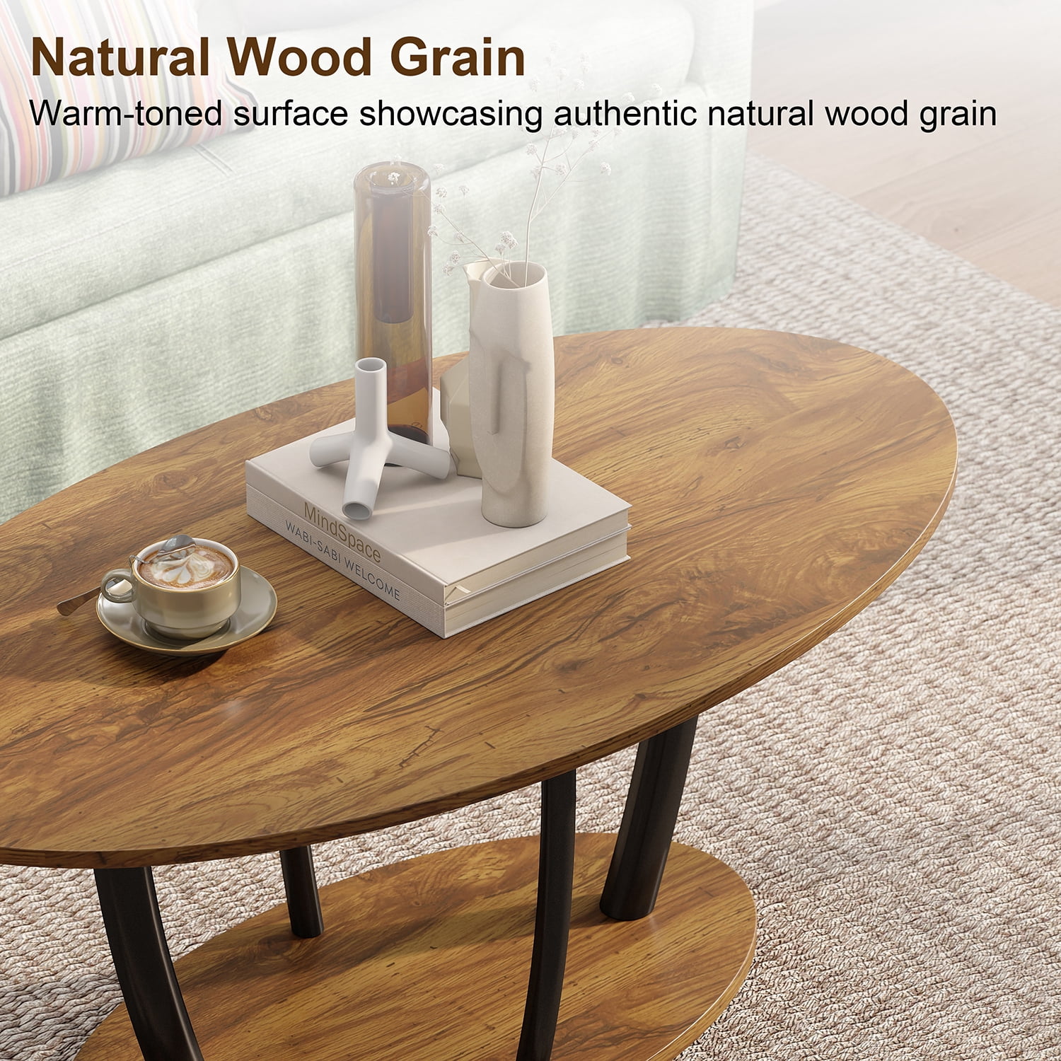 Manora 2-Tier Oval Coffee Table with Storage Shelf for Living Room Bedroom, Red Oak Wood Grain and Black Metal