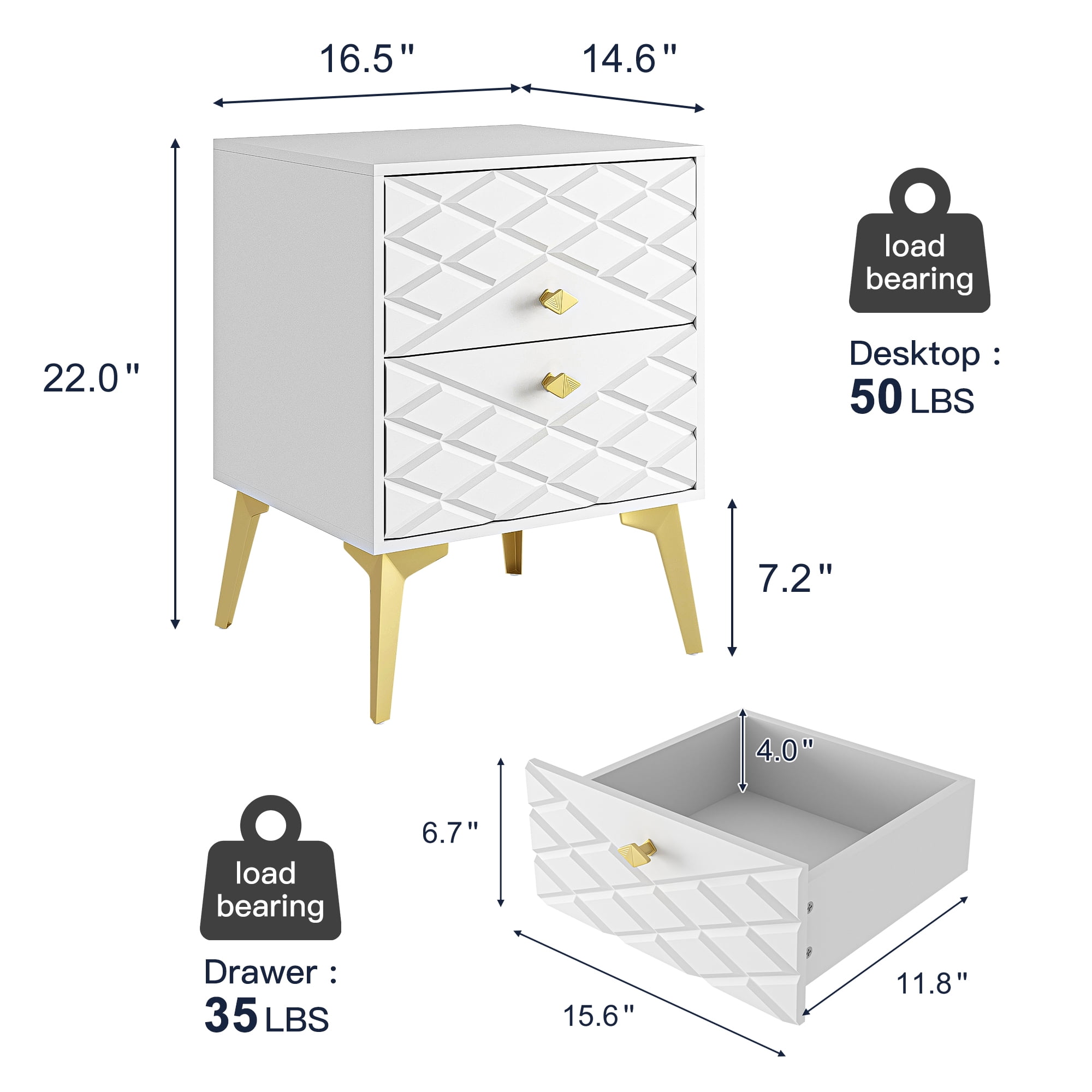 Finihen Carved Nightstand Set of 2, End Table with 2 Drawers, Dual Night Stand with Metal Legs, 21" Tall for Bedroom Living Room, White Finihen Carved Nightstand Set of 2, End Table with 2 Drawers, Dual Night Stand with Metal Legs, 21" Tall for Bedroom Living Room, White