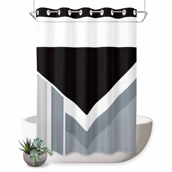 No Hook Shower Curtain, Grey Black Geometric Shower Curtains for Bathroom with See Through Top Window, Modern Abstract Lines Color Blocks Waterproof & Washable Bath Curtain 60"x72"
