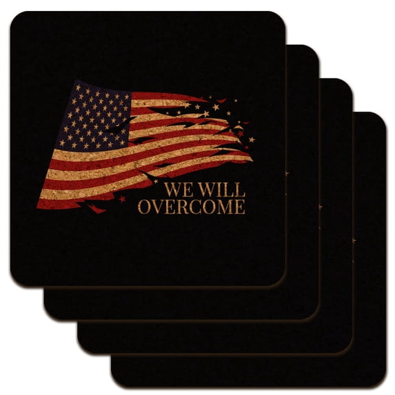 We Will Overcome Flag Stars USA America Low Profile Novelty Cork Coaster Set