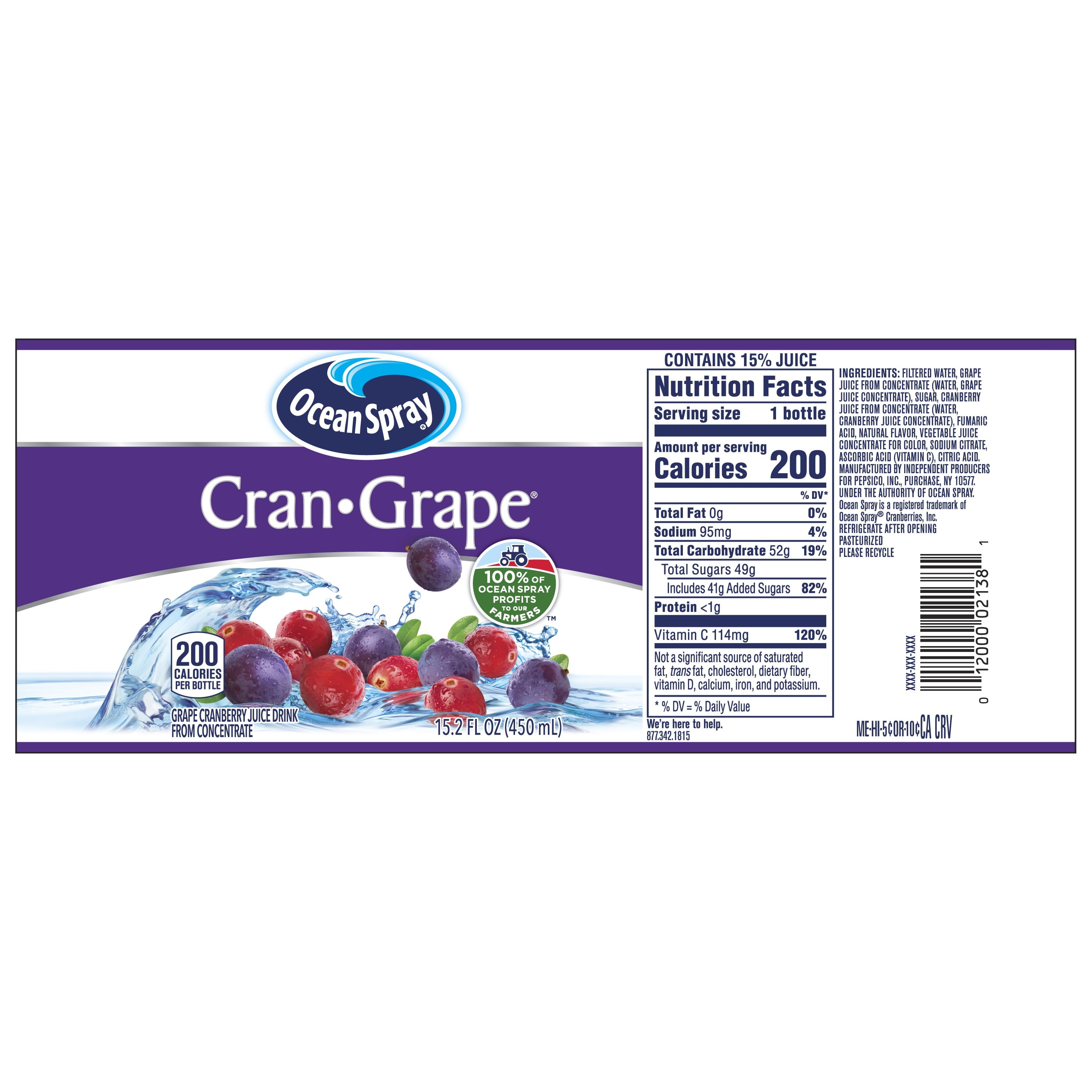 Ocean Spray Cranberry Grape Juice Drink Cocktail, 15.2 fl oz Bottle, Shelf-Stable