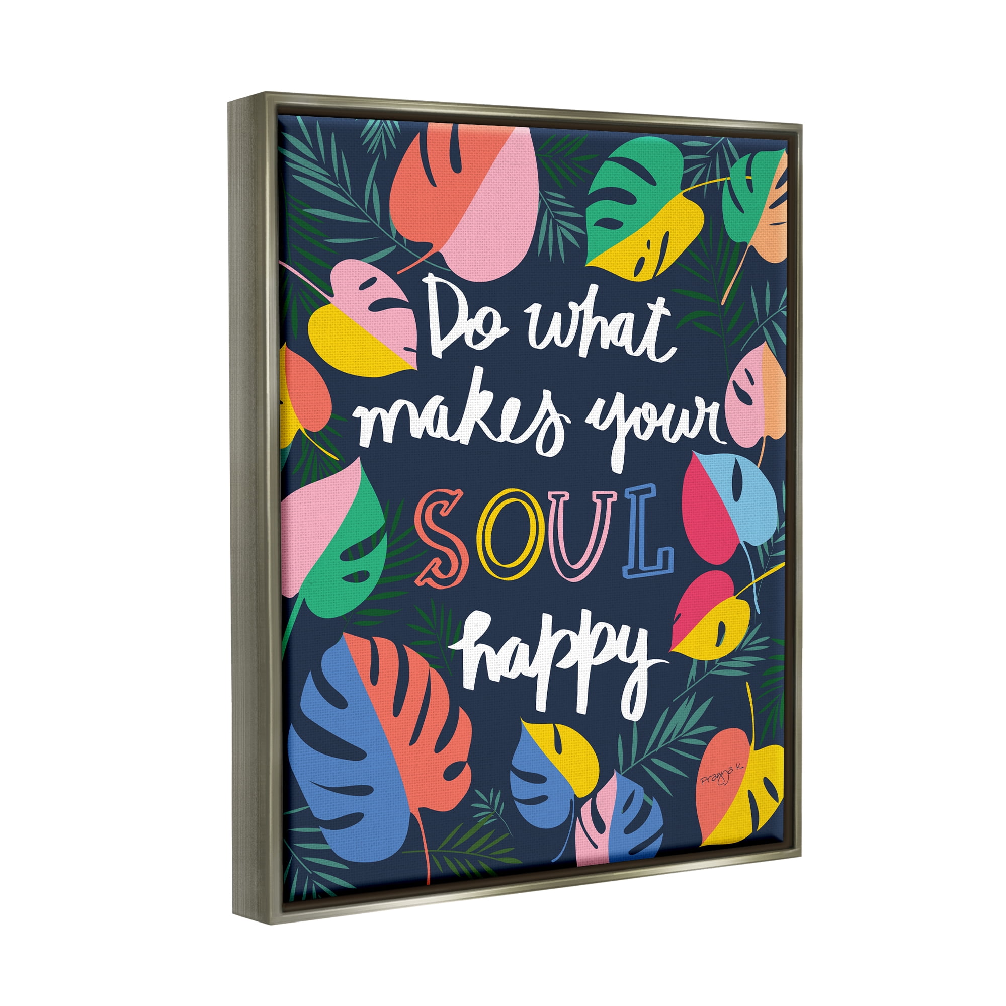 Stupell Industries Happy Soul Phrase Botanical & Floral Painting Gray Floater Framed Canvas Art Print Wall Art, 25 x 31