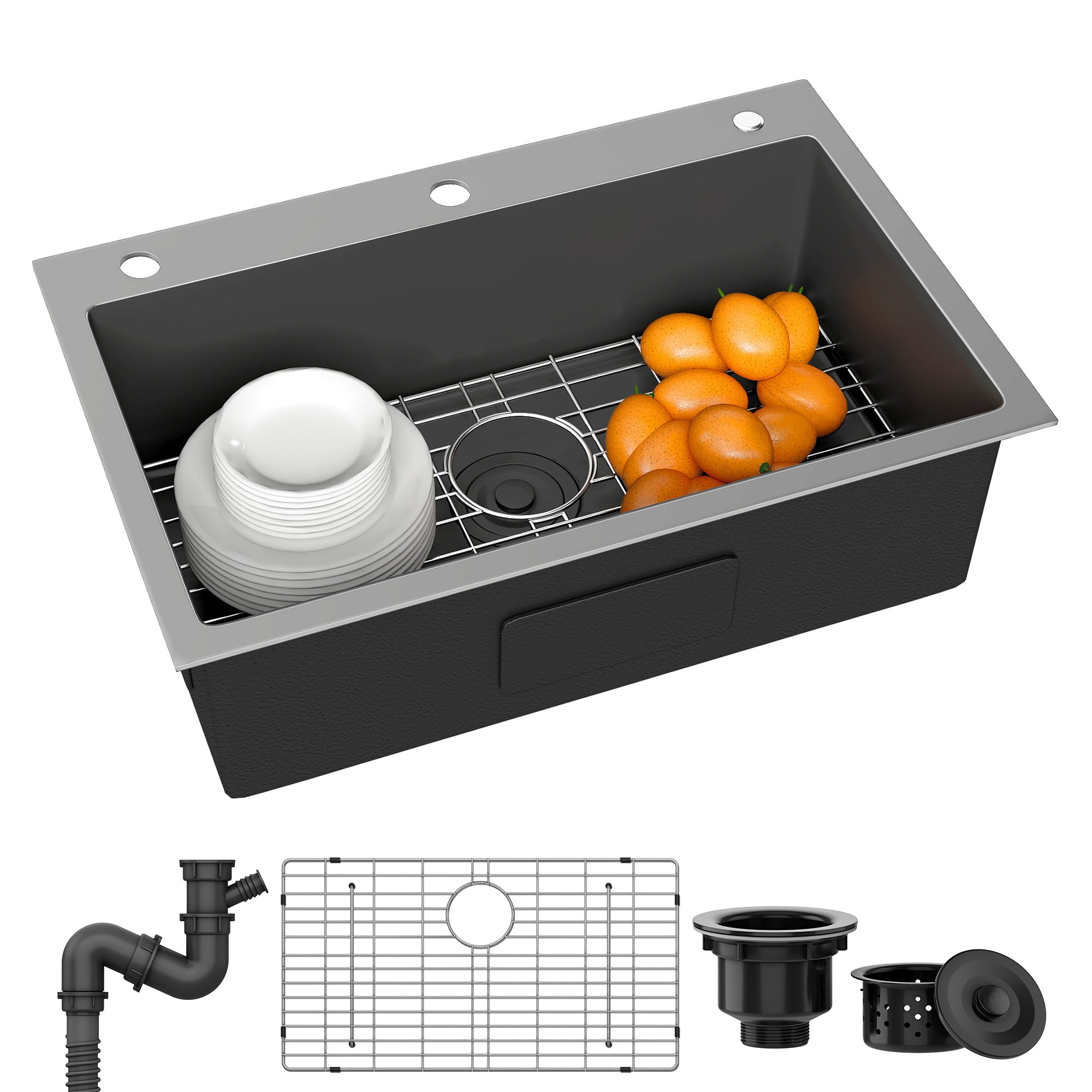 Uforic 28 In Drop-In Kitchen Sink, Stainless Steel Top Mount Single Bowl with Sink Protector, Nano Gunmetal Finish for Workstation, Prep Kitchen, or Bar