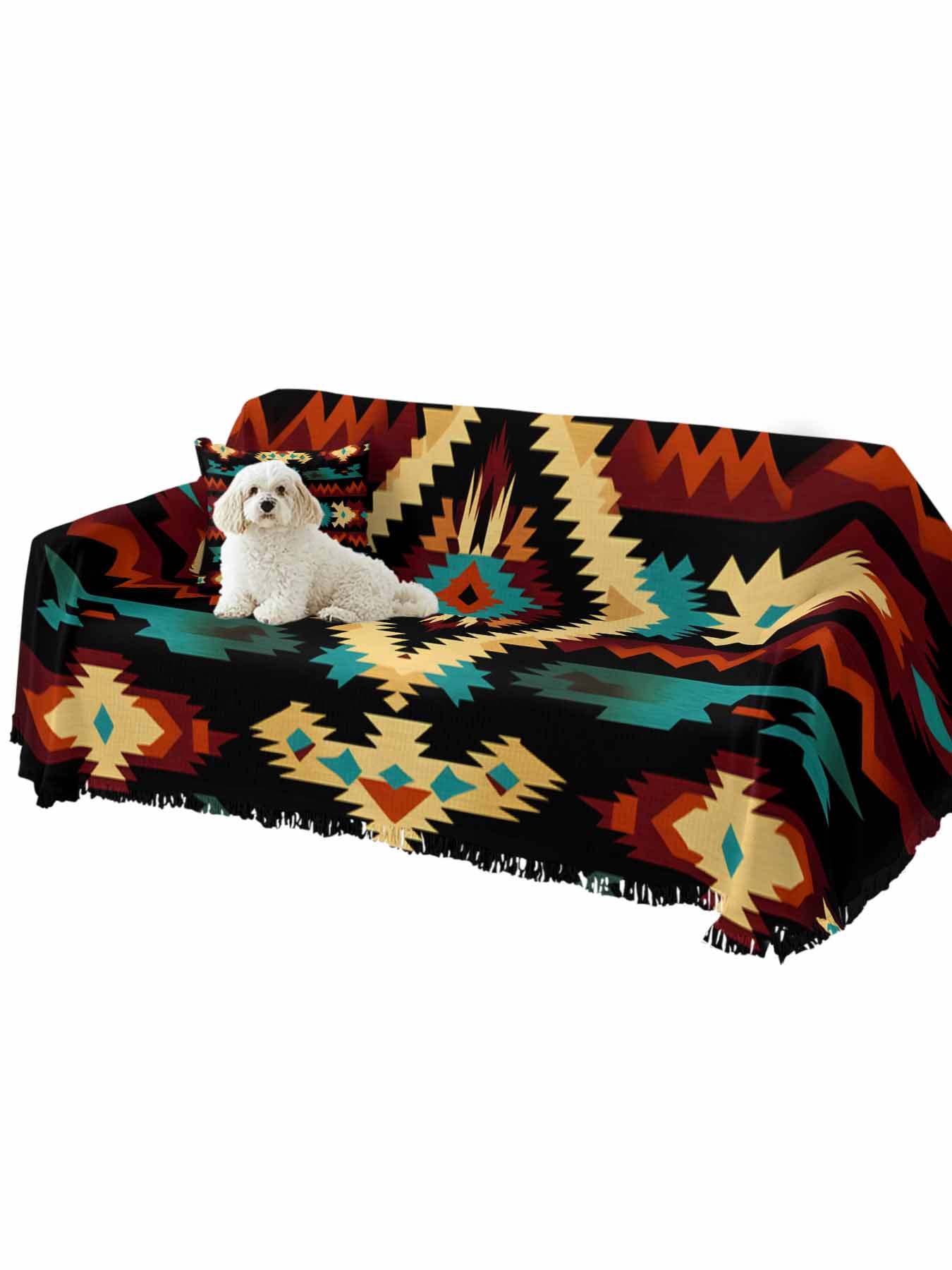 Boho Orange Teal Couch Cover, Vintage Geometric Southwestern Ethnic Sofa Cover Blanket for 3 Cushion Couch,Sectional Sofa Slipcover Furniture Protector for Living Room Bedroom 71''x134''