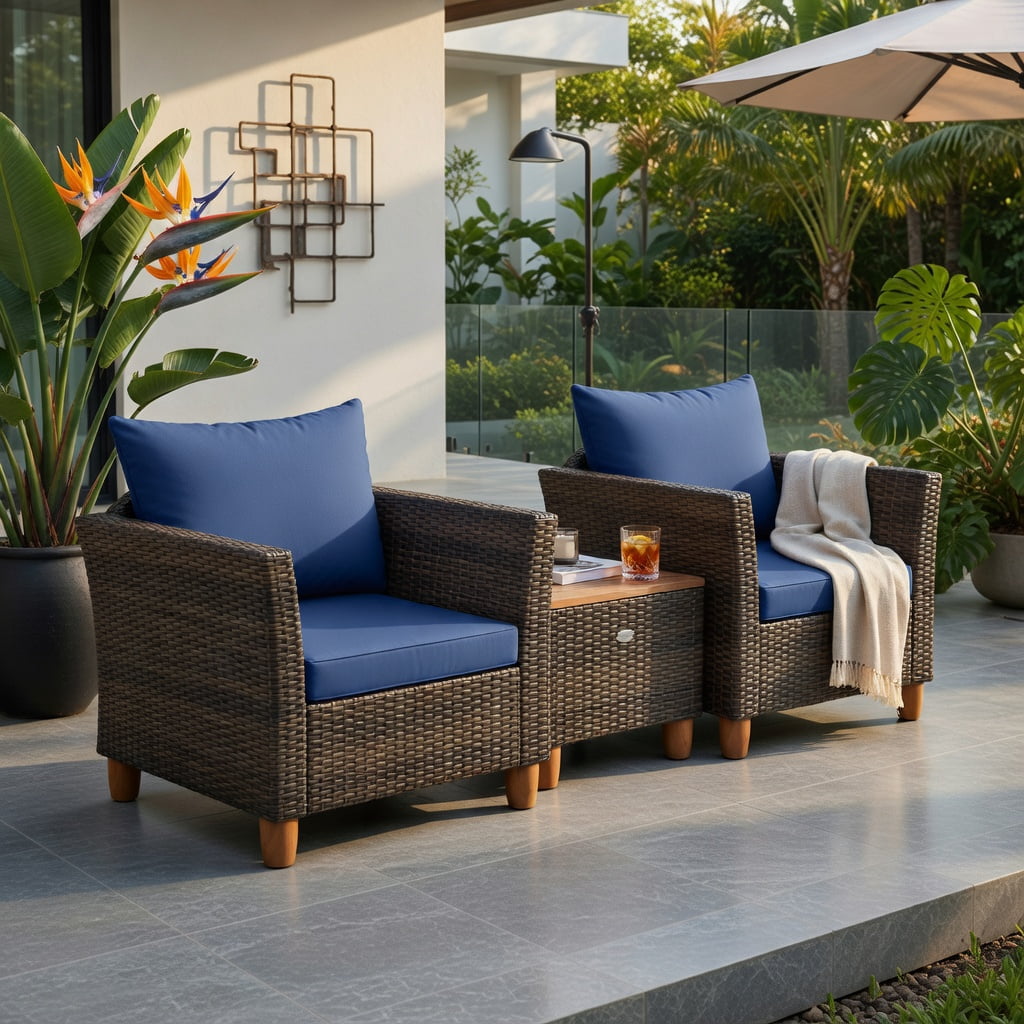Hommoo 3-Piece Outdoor PE Wicker Patio Furniture Set with Navy Cushions, Acacia Wood Storage Coffee Table & Heavy-Duty Metal Frame, Navy