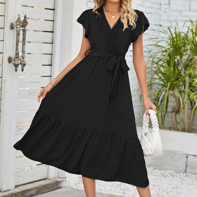 Vestido Vestido largo ajustado con dobladillo de encaje con lazo para mujer Traje diario de color sólido (Negro S) Kuymtek Negro T S para Mujer