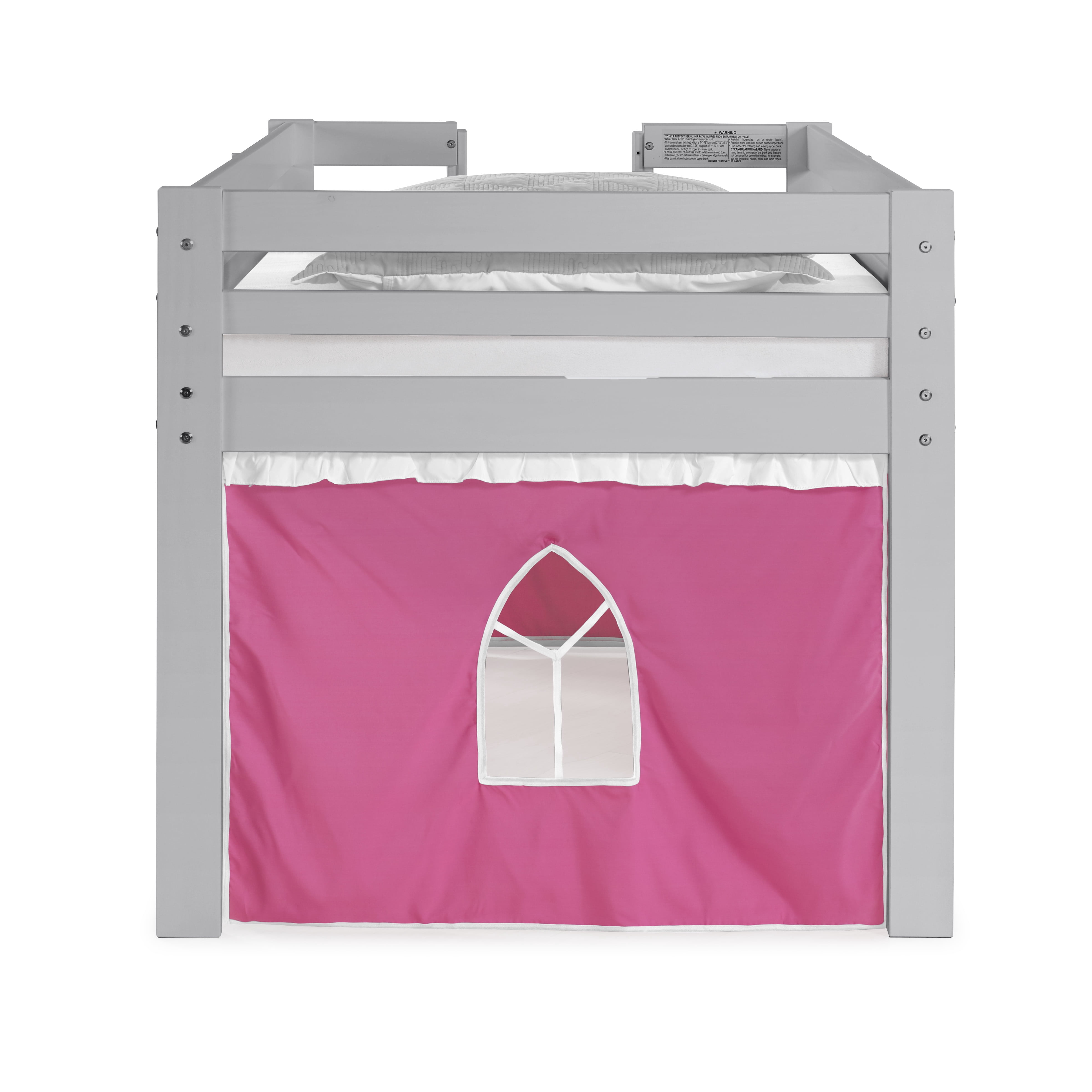 Alaterre Furniture Jasper Twin Junior Loft Bed, Dove Gray Frame and Pink/White Bottom Playhouse Tent
