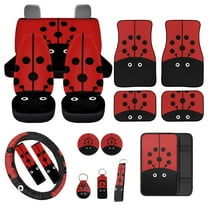 Jeiento Ladybug 17 Pcs Car Seat Cover Full Sets, Front and Back Seat Cushion Floor Mats Carpets Steering Wheel Safety Belt Cover Red