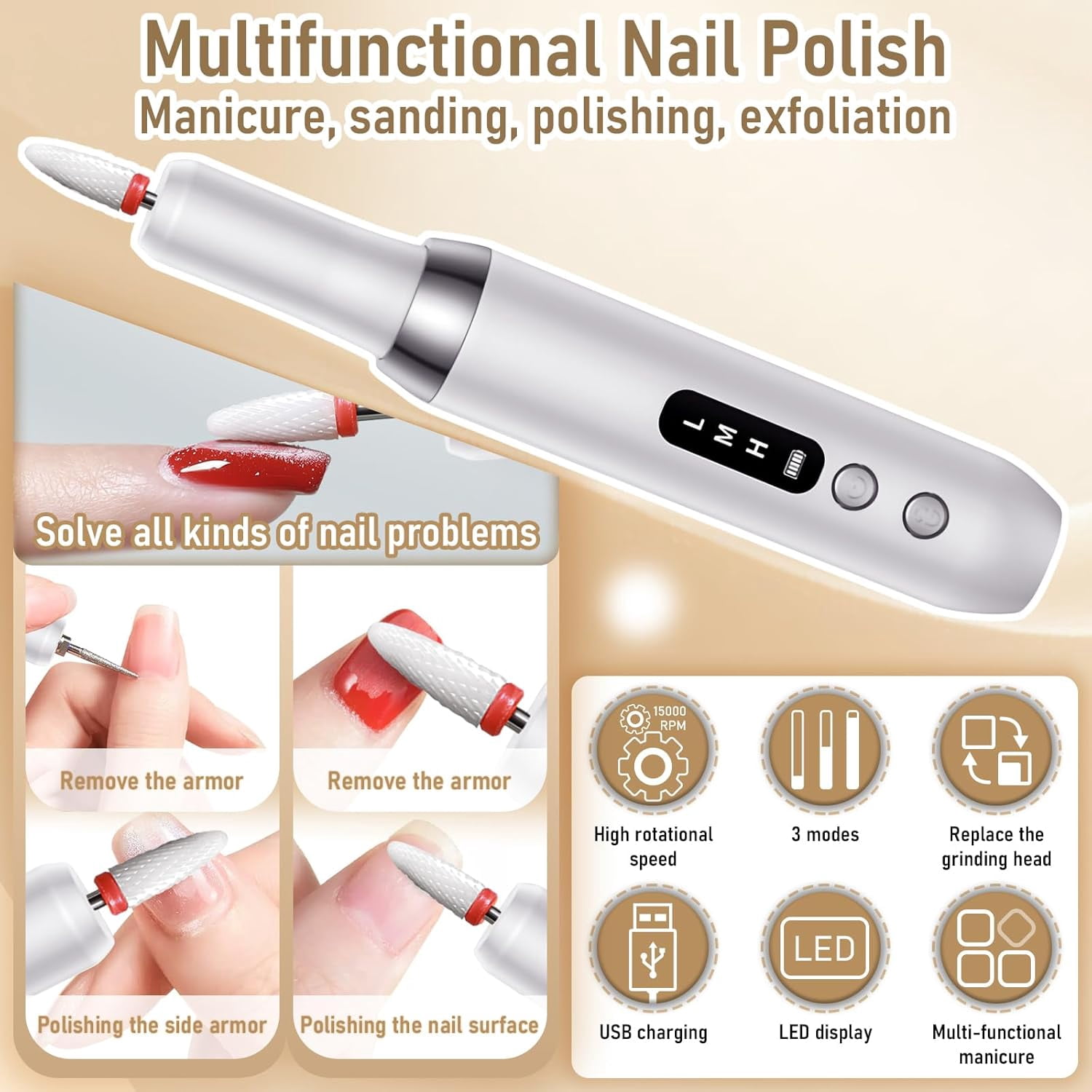 Aorsher Rechargeable Cordless Electric Nail Drill Kit, Professional Electric Nail File for Acrylic Gel Dip Powder Nails, 3 Speeds 15000RPM, Portable Manicure Pedicure Tool