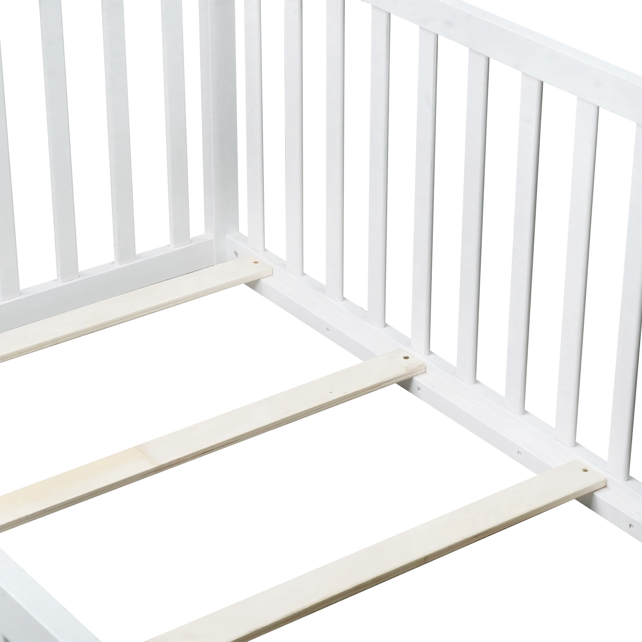 PORKISS Twin Size Floor Bed with Door and Fence, Twin Size Bed Frame with Bed Slats, Sturdy Wood Floor Bed for Kids, Boys, Girls, Montessori Bed Frame, White
