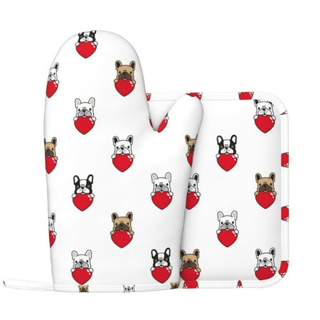 

Oven Mitts and Pot Holders Sets - Cute French Bulldog Love Heat Resistant Silicone Oven Gloves (Left Glove) with Non-Slip Silicone Surface and hot pads for kitchen Baking Cooking