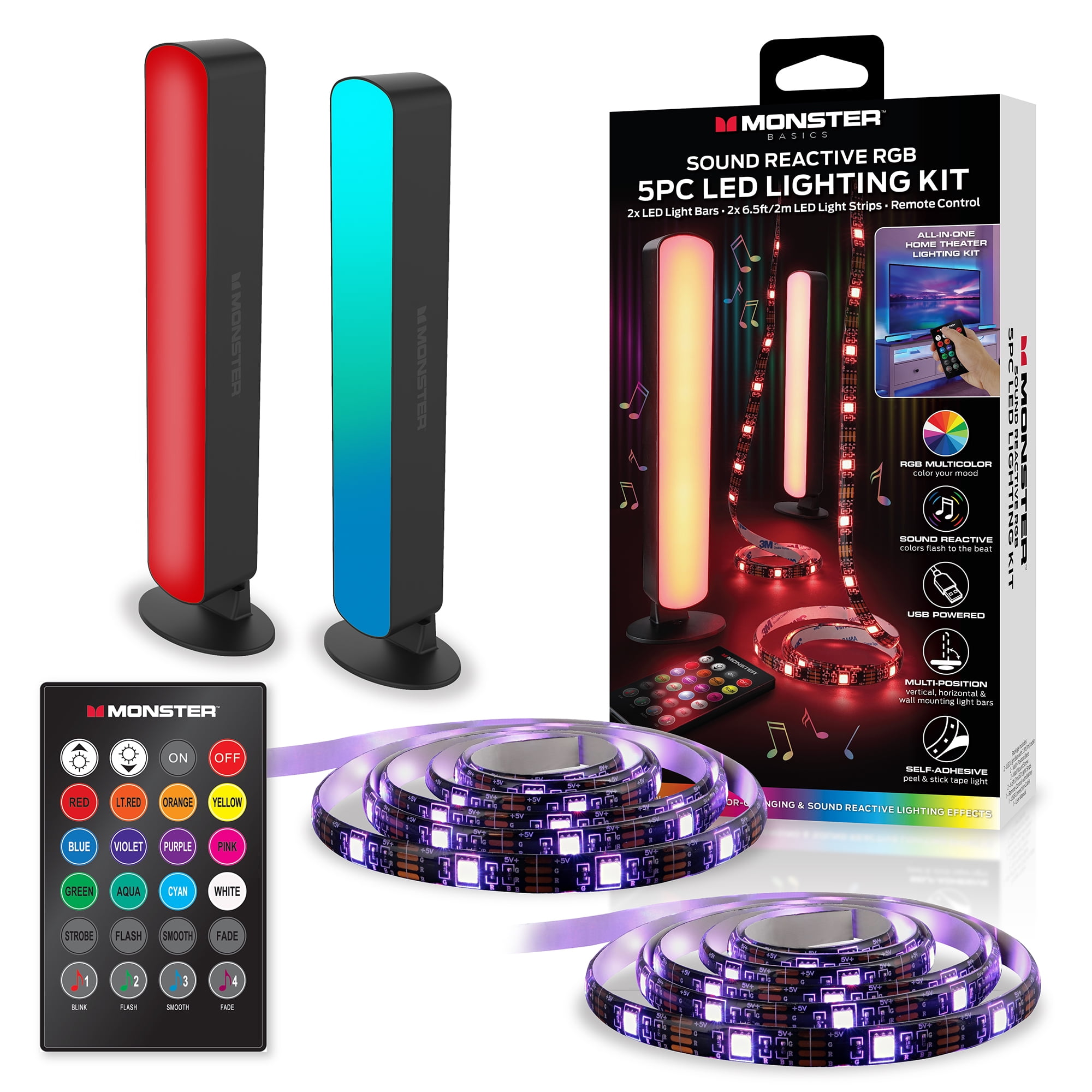 Monster LED 5 Piece Sound Reactive Indoor Light Kit, bars, 2 Light Strips - Walmart.com