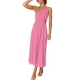 thumbnail image 4 of TRKIYQC vestidos largos acampanados para mujer 2022, verano sin mangas de un hombro fruncido Color sólido recorte de una pieza TRKIYQC casual, 4 of 6