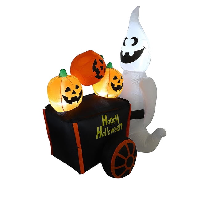 Halloween Cute Ghost Inflatable Cart, 6ft Pumpkin Cart Decoration, LED Light, Outdoor Inflatable Decoration(EU Plug)