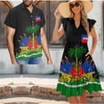 thumbnail image 2 of Garronmavis Haiti State Flags Matching Couple Outfits Men's Short Sleeve Shirt Summer Light Work Hawaiian Tops and Women's V-neck Dress Ruffle Sleeve Beach Party Sundress, 2 of 7