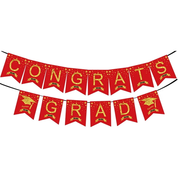 2026 Graduation Congrats Grad Banner, Gold Glitter Star Pennant Flag for Class of 2026 Party Decorations, Ceremony Backdrop And Wall Hanging Hearthweave