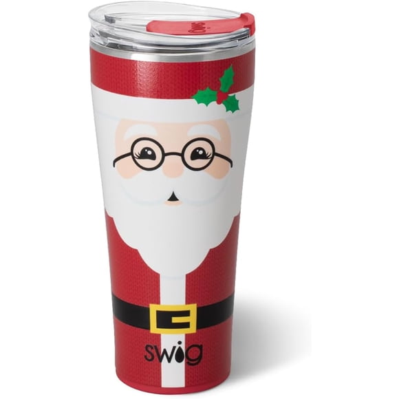 Swig Life 32oz Insulated Tumbler, Travel Coffee Tumbler with Lid, Cup Holder Friendly Travel Coffee Mug, Stainless Steel, 32 oz, Reusable Insulated Mug with Lid (Mr Claus)