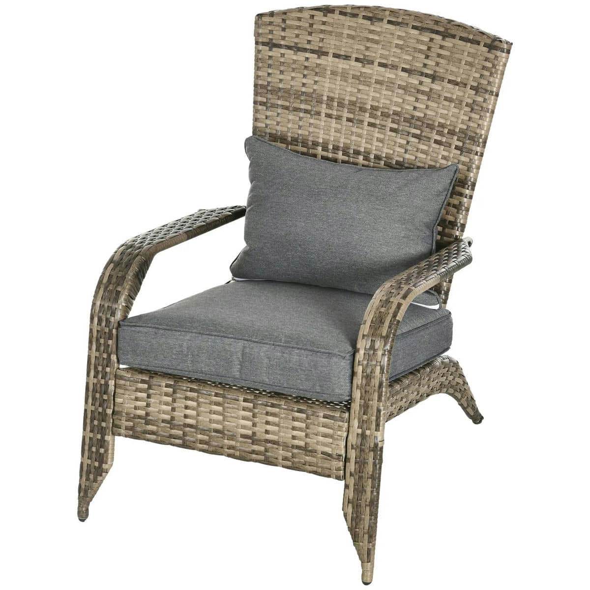 Spaco Patio Wicker Adirondack Chair with Soft Cushions, Outdoor All-Weather Rattan Fire Pit Chair with Tall Curved Backrest and Comfortable Armrests for Outdoor as Backyard, Lawn, Garden, Tan&Gray