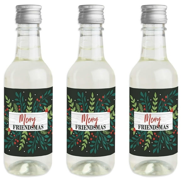 Big Dot of Happiness Rustic Merry Friendsmas - Mini Wine and Champagne Bottle Label Stickers - Friends Christmas Party Favor Gift - Set of 16