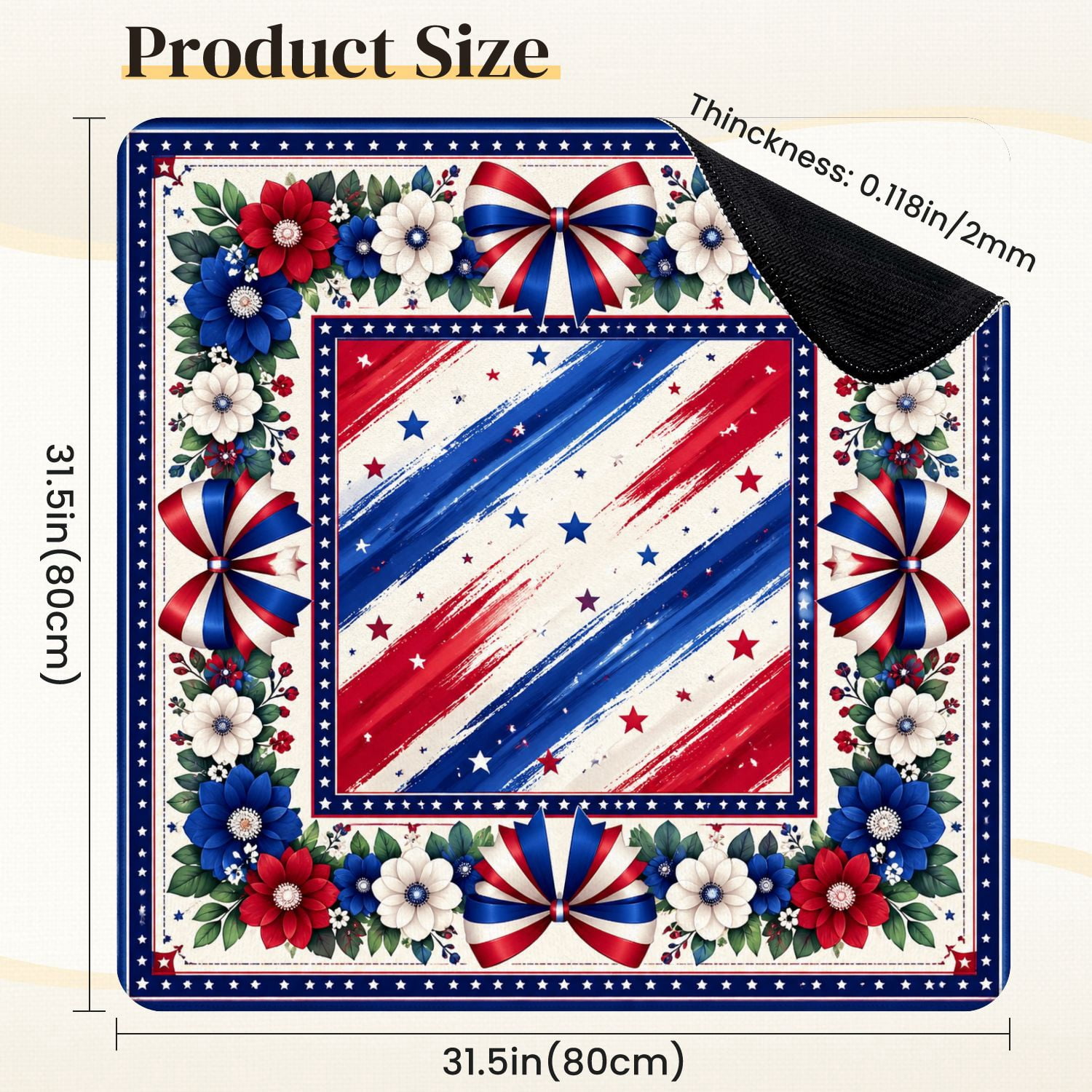 Mahjong Mat 31.5" x 31.5" Patriotic Red White Blue Floral Star Striped Bows Border Non-Slip Noise Reduction Mahjong Tiles Table Cover for Dominoes Poker Card Board and Tile Games