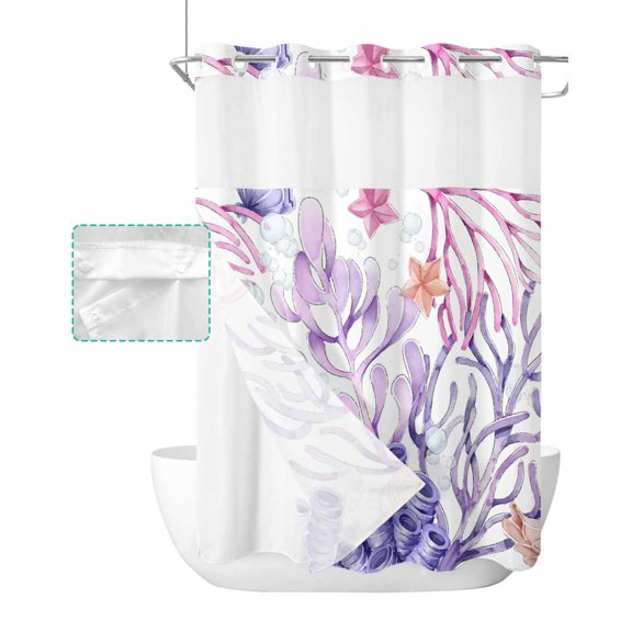 No Hook Shower Curtain with Snap in Liner, Ocean Coastal Coral Purple Starfish Hotel Shower Curtains for Bathroom, Washable Shower Curtain Liner Set with Mesh Top Window, 48"x72"