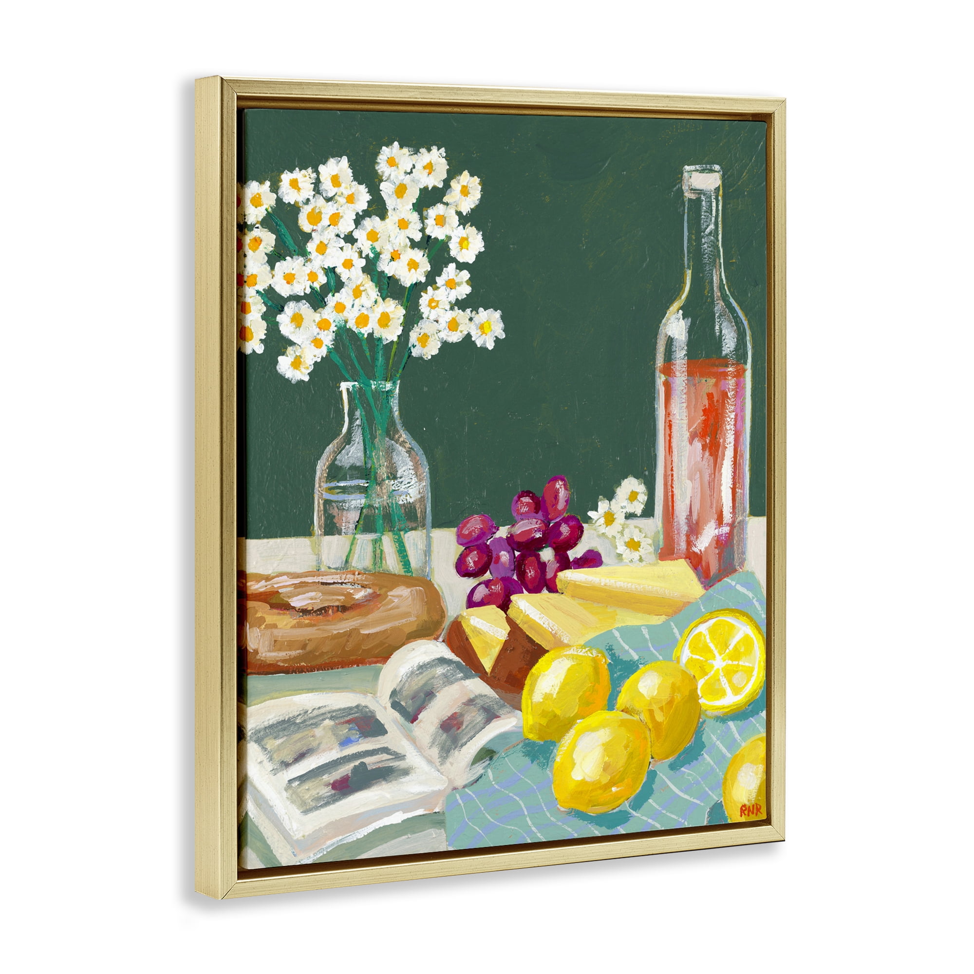 Stupell Industries Cheese, Wine and Lemon Still Life Gold Framed Floater Canvas Wall Art, design by Rachael Reese