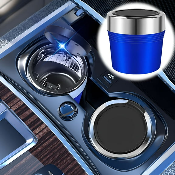 ACDANC Car Ashtray with Lid Smell Proof, Detachable Stainless Smokeless Ash Tray with LED Blue Light, Portable Mini Car Trash Can, Windproof Auto Ashtray Cup Holder for Car Home Outdoor Travel