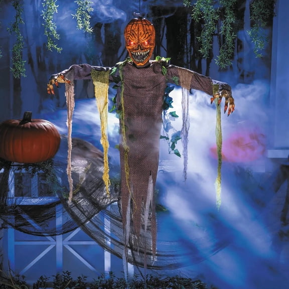 5 Ft. Light-Up Posable Hanging Pumpkin Patch Ghoul with Sound Halloween Decoration