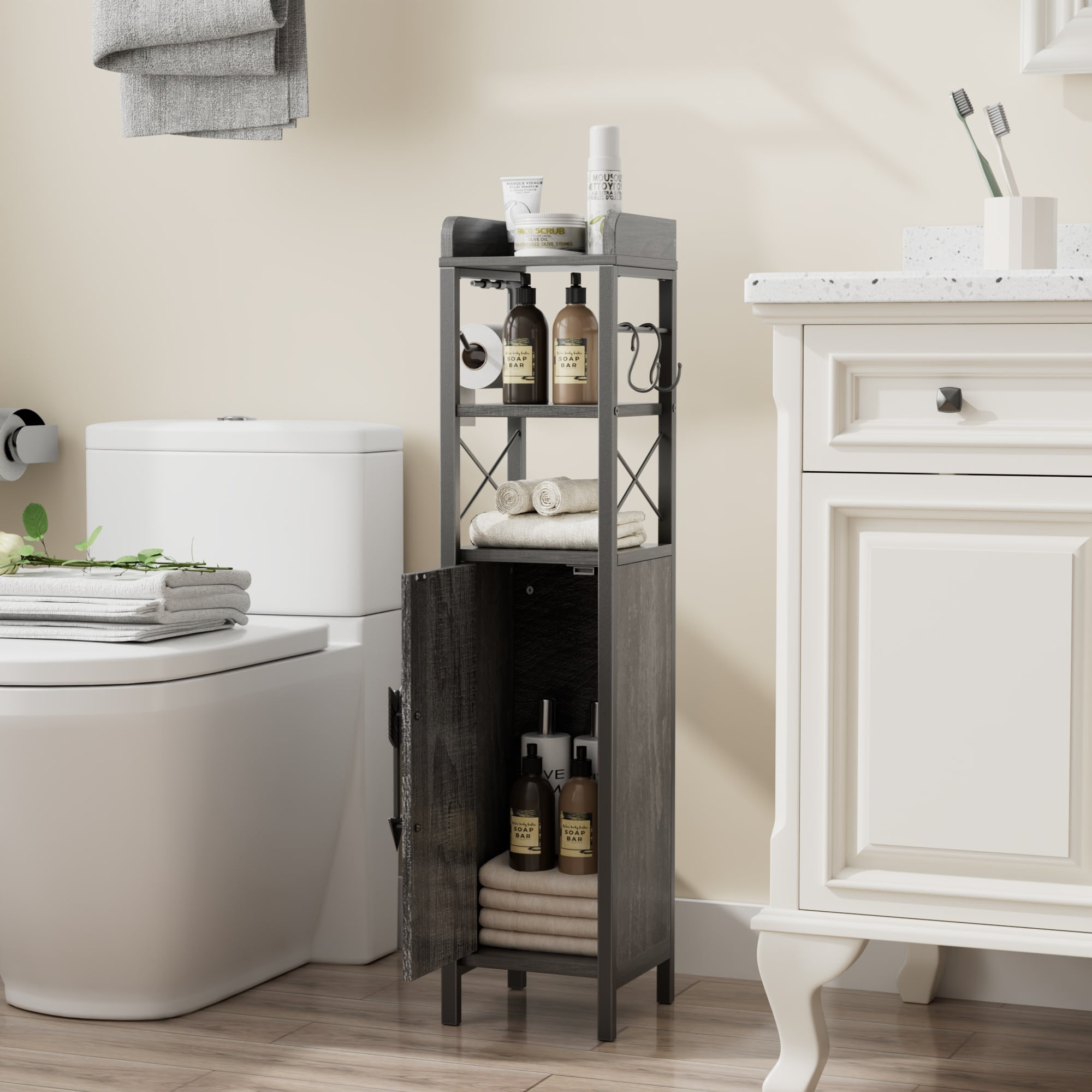 VECELO Bathroom Storage Cabinet with Toilet Paper Holder, 3-Tier Open Shelves Bathroom Organizer with for Small Spaces, Charcoal Grey