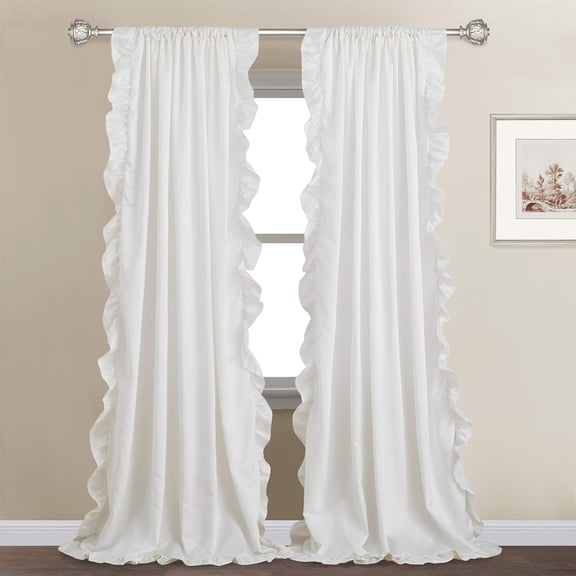 AUQ White Ruffle Curtains 52X84 Long 2 Panels, Premium Silky Satin Cottagecore Shabby Chic Curtains for Bedroom/Living Room, Light Filtering Privacy Romantic Vintage Window Drapes