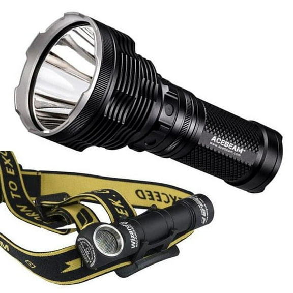 Search  and  Rescue Combo: Acebeam K70 Long Throw 1300 meter Flashlight  and  Armytek Wizard Pro Headlamp 2300 Lumen