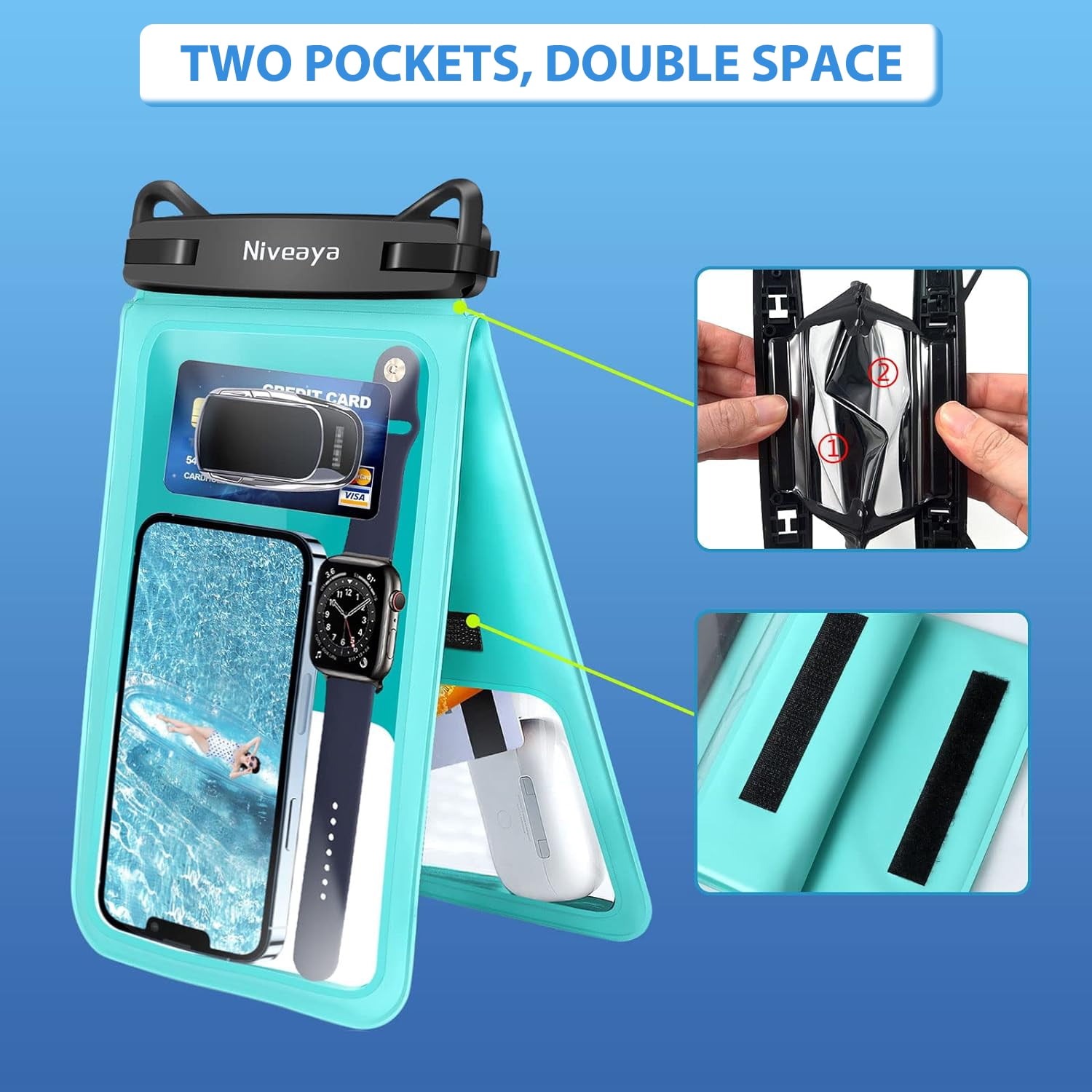 TJS [2 Pack] Up to 10.5" Double Space Large Waterproof Phone Pouch Bag with Lanyard, IPX8 Waterproof Cellphone Dry Bag Case for iPhone 16 15 Pro Max 14 Pro 13 12 Galaxy S23 Ultra S22 (Black+Teal)