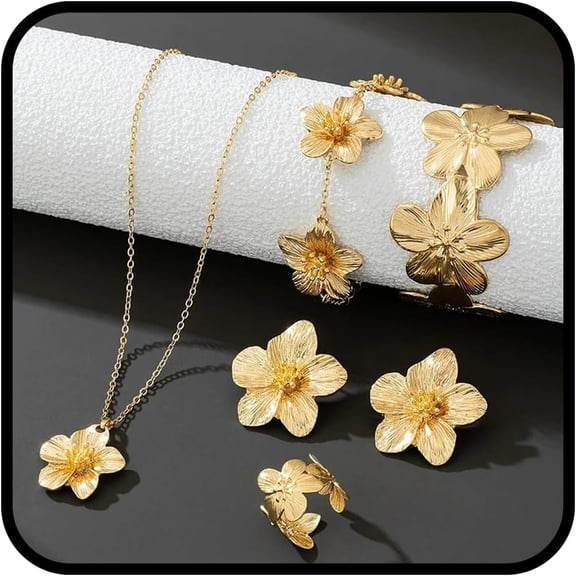 DESIGNICE Gold Flower Jewelry Set for Women,5 Pcs Chunky Golden Floral Pendant Necklace Bracelet Earrings Ring Set Statement Flower Jewelry Gifts for Beach Wedding