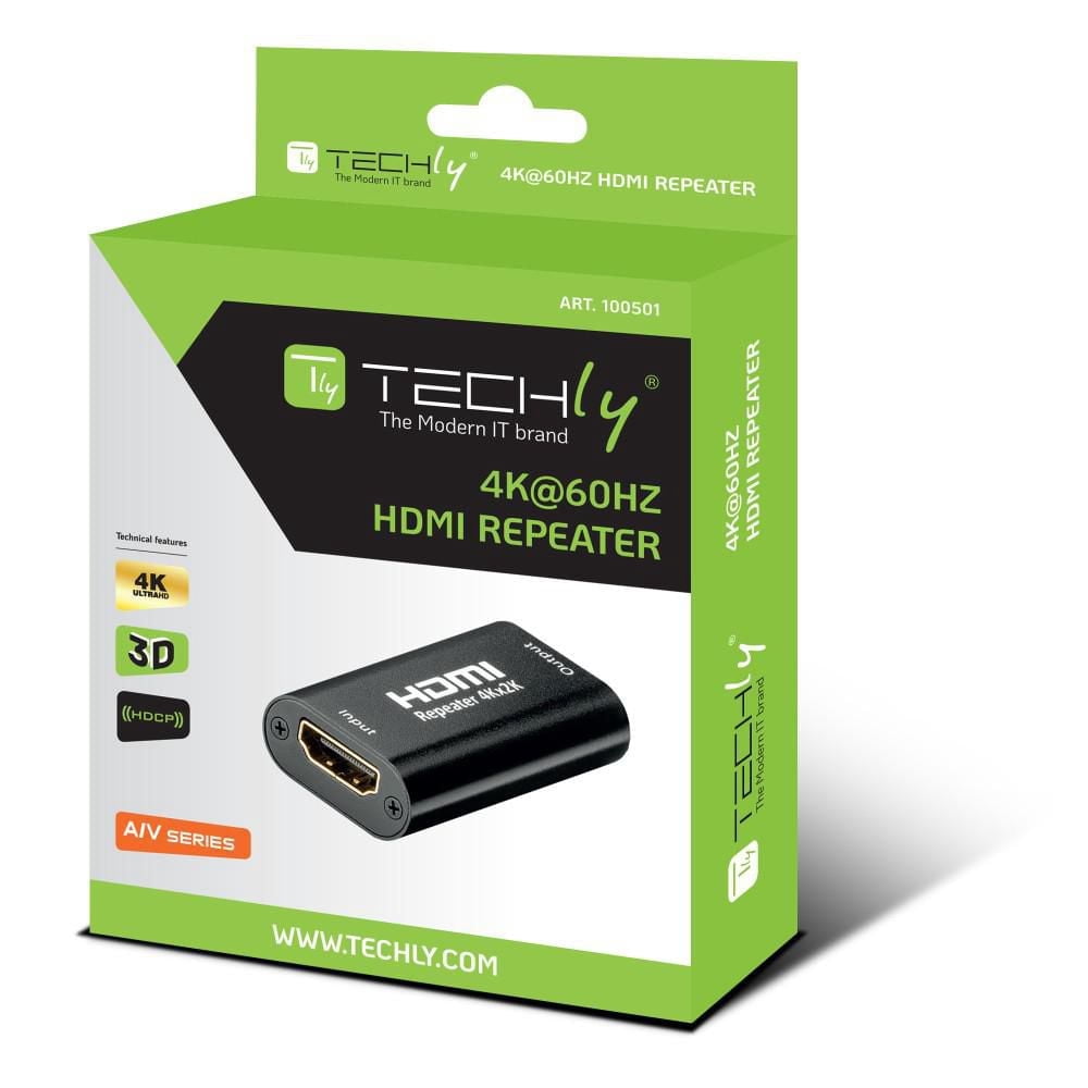 Techly Répéteur HDMI 2.0 4K - Taux de transfert jusqu'à 40m de 3,4 Gbit/s (liaison simple) 4k @30Hz 2k@60Hz Aucun adaptateur secteur requis