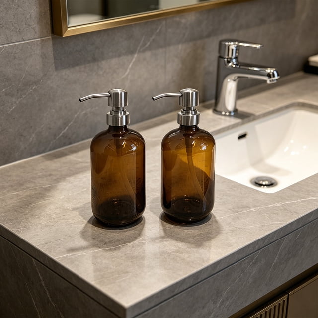 Ensemble de Bouteilles Rondes pour Shampooing et Lotion en Verre avec Pompe en Acier Inoxydable, Vides, Réutilisables, Contenants de Voyage pour la Maison, la Salle de Bain, la Coiffeuse, Café, JKODE