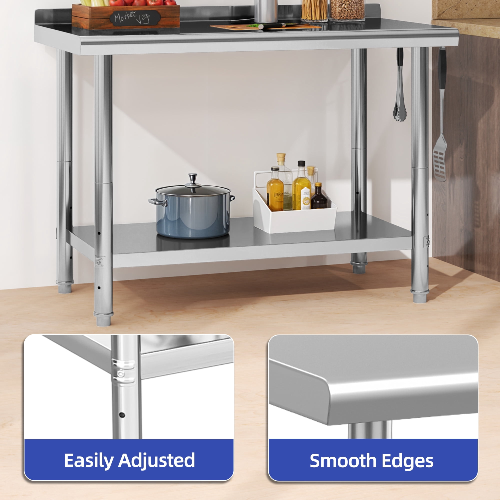ModFusion 48" Stainless Steel Prep Table with Hooks, Backsplash, 4x2x2.7 ft Adjustable Food Storage, Commercial Workstation Restaurant Home Hotel