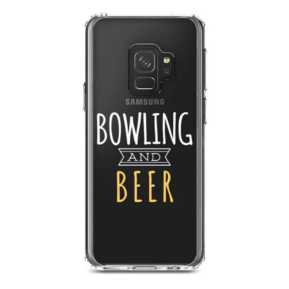 DistinctInk Clear Shockproof Hybrid Case for Samsung Galaxy S9 (5.8" Screen) - TPU Bumper Acrylic Back Tempered Glass Screen Protector - Bowling and Beer