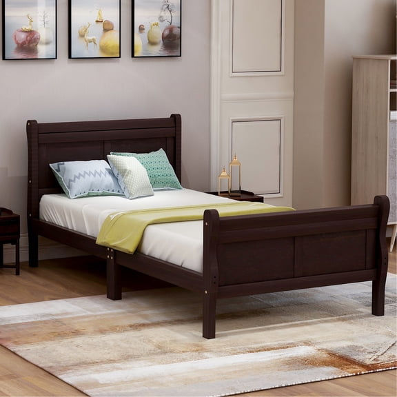 Wood Twin Bed Frame: Platform With Headboard, And Robust Base Solid Finish - Headboard & , Supports Mattress Securely